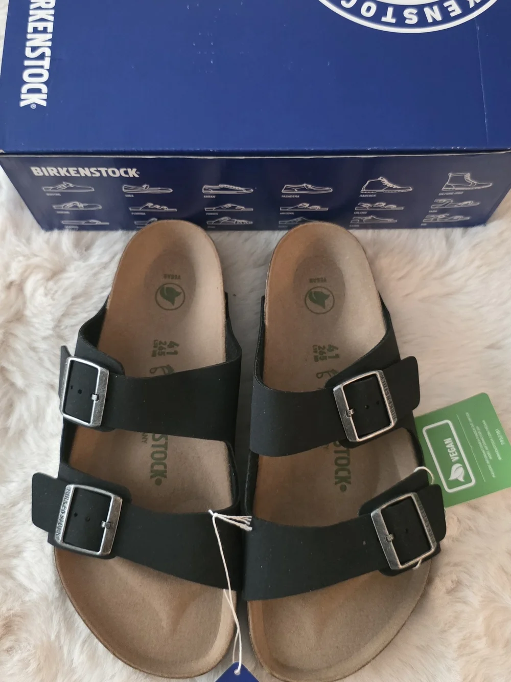 Birkenstock Men 8 Ladies 10  Black Two-Strap Vegan Leather Sandals